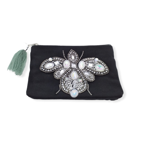 Bolsa negra con abeja plateada